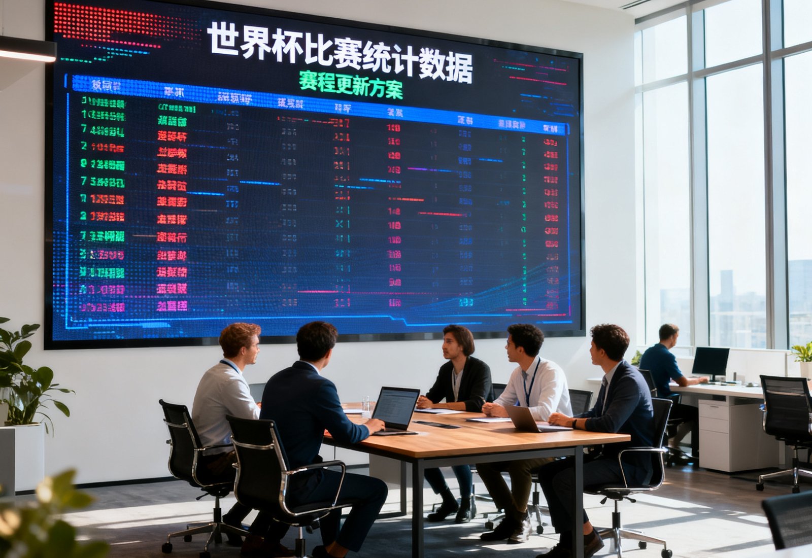 买球站技术团队在开放式办公室协作场景，墙面巨大的LED屏幕实时滚动世界杯比赛统计数据，几位数据分析师正围坐在会议桌前讨论赛程更新方案