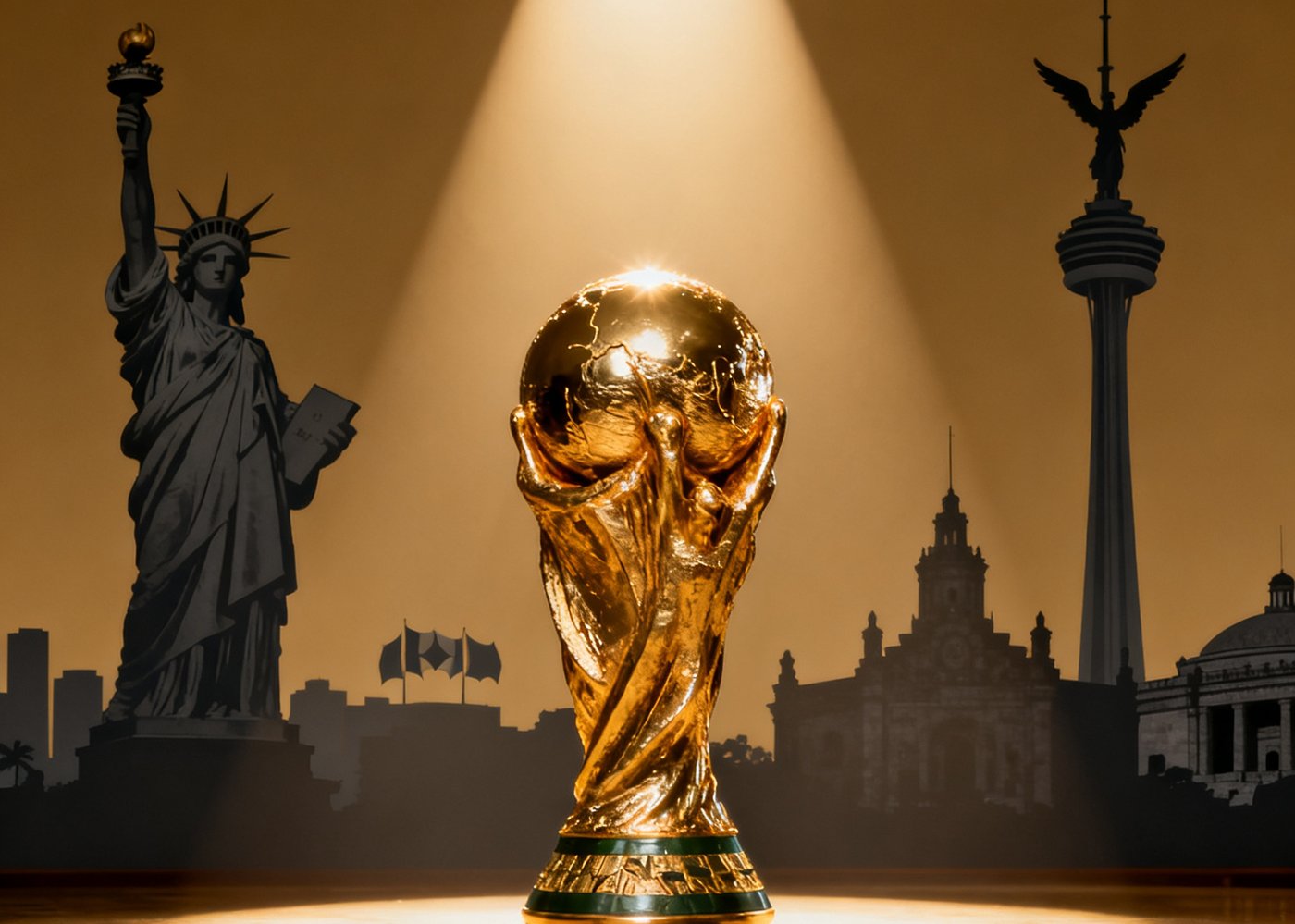 2026年世界杯金色大力神奖杯在聚光灯照耀下熠熠生辉，背景呈现美国加拿大墨西哥三国标志性城市建筑剪影，象征三国联合主办的史诗级赛事